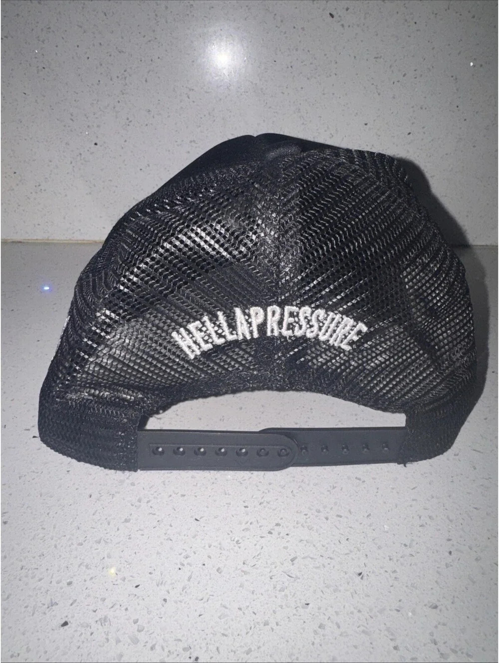 HellaPlayz Co Black Trucker Hat Snapback Mesh Cap Script Logo Fresno Streetwear